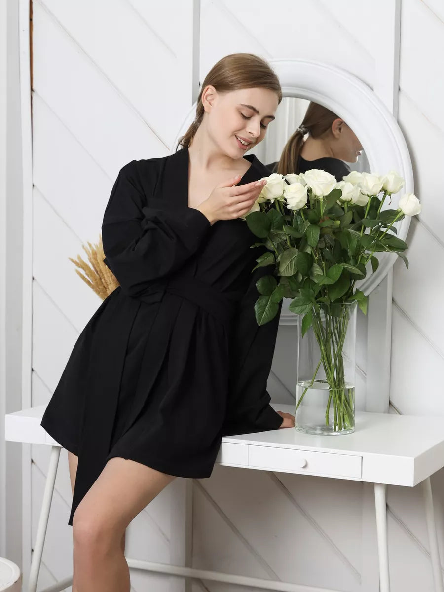 Hot Girl Mini Robe in Black 100% Cotton.