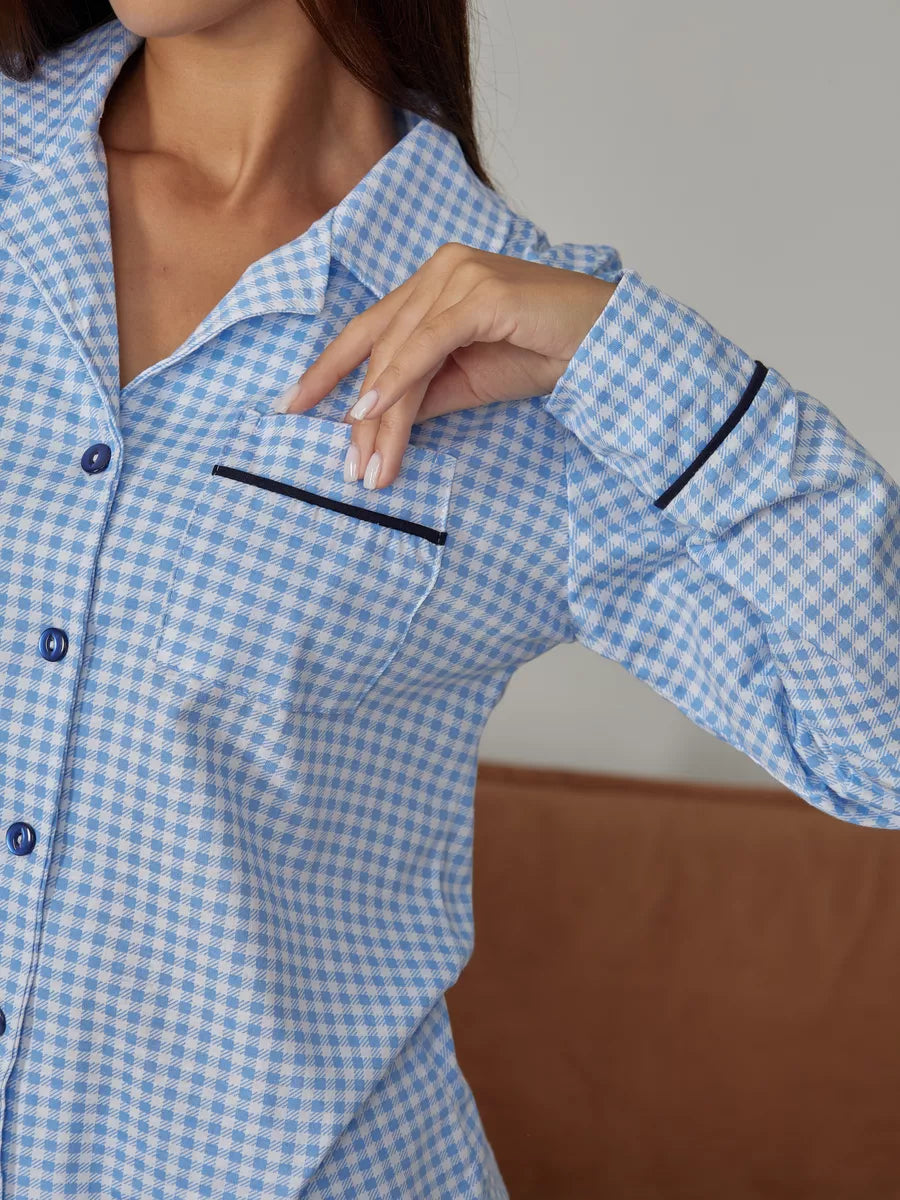 Loungewear Set Sky Blue Checkered 100% Cotton.