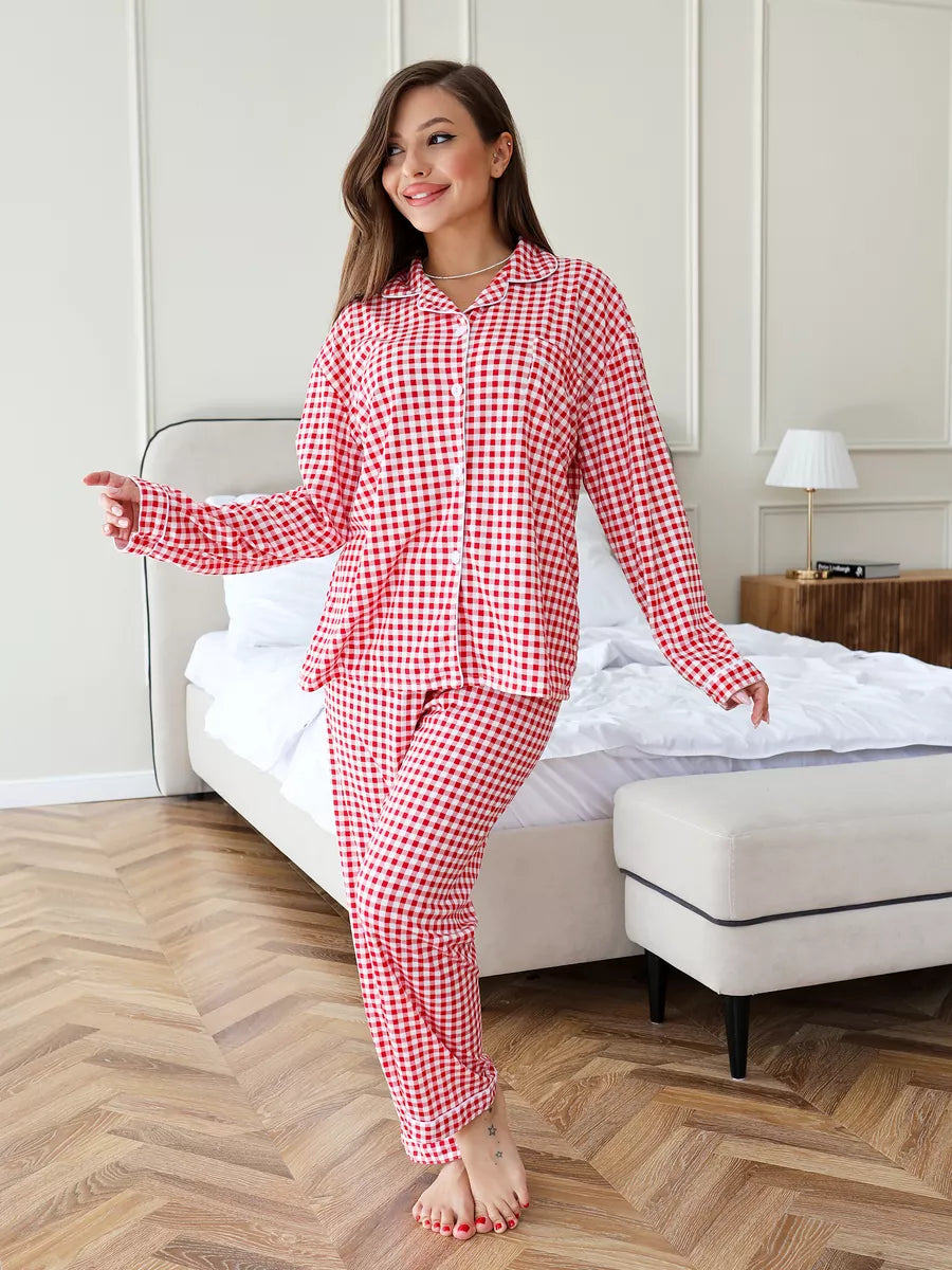 Loungewear Set Red Checkered 100% Cotton