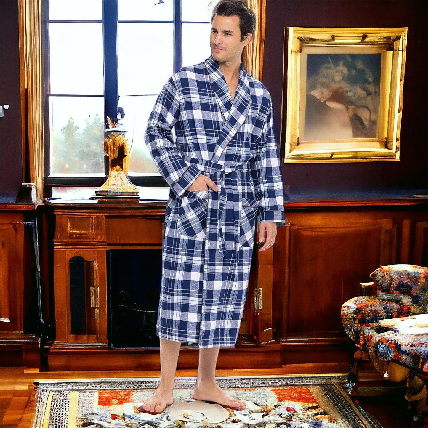 Blue Checkered Robe 100% Cotton.