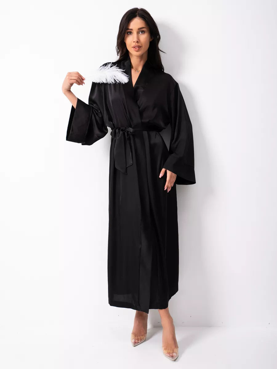 Long Satin Robe in Black.