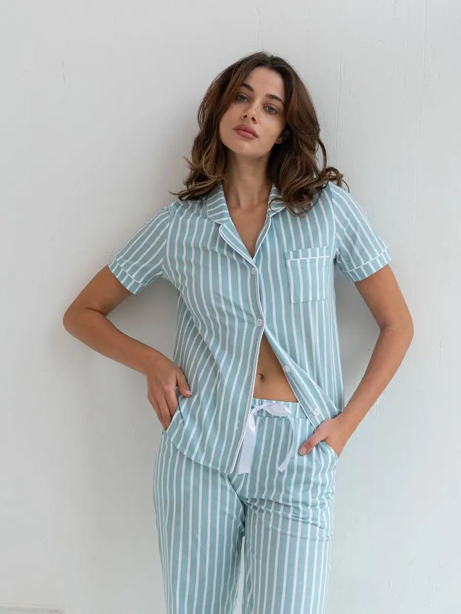 Loungewear Set Turquoise Striped 100% Cotton.