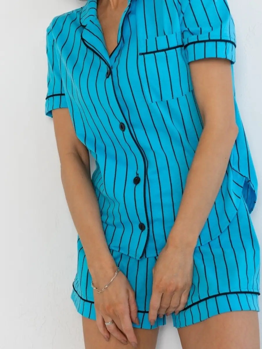 Shorts Set Blue Stripes 100% Cotton.