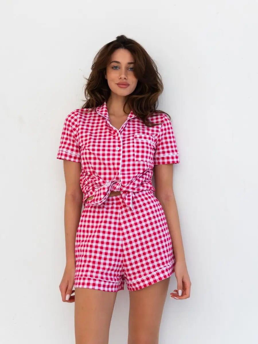 Shorts Set Red Checkered 100% Cotton - Bella Babe by SK Nightsuit-Nightdress-Robes-Silk-Satin-Nighty-Gown-Nightwear-Shorts-Pajamas-Nightsuit-for-women-men-bathrobe-Satin-dress-cotton-