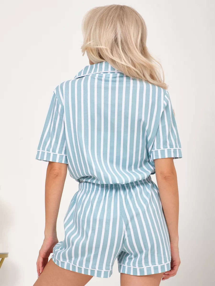 Shorts Set Turquoise Stripes 100% Cotton.