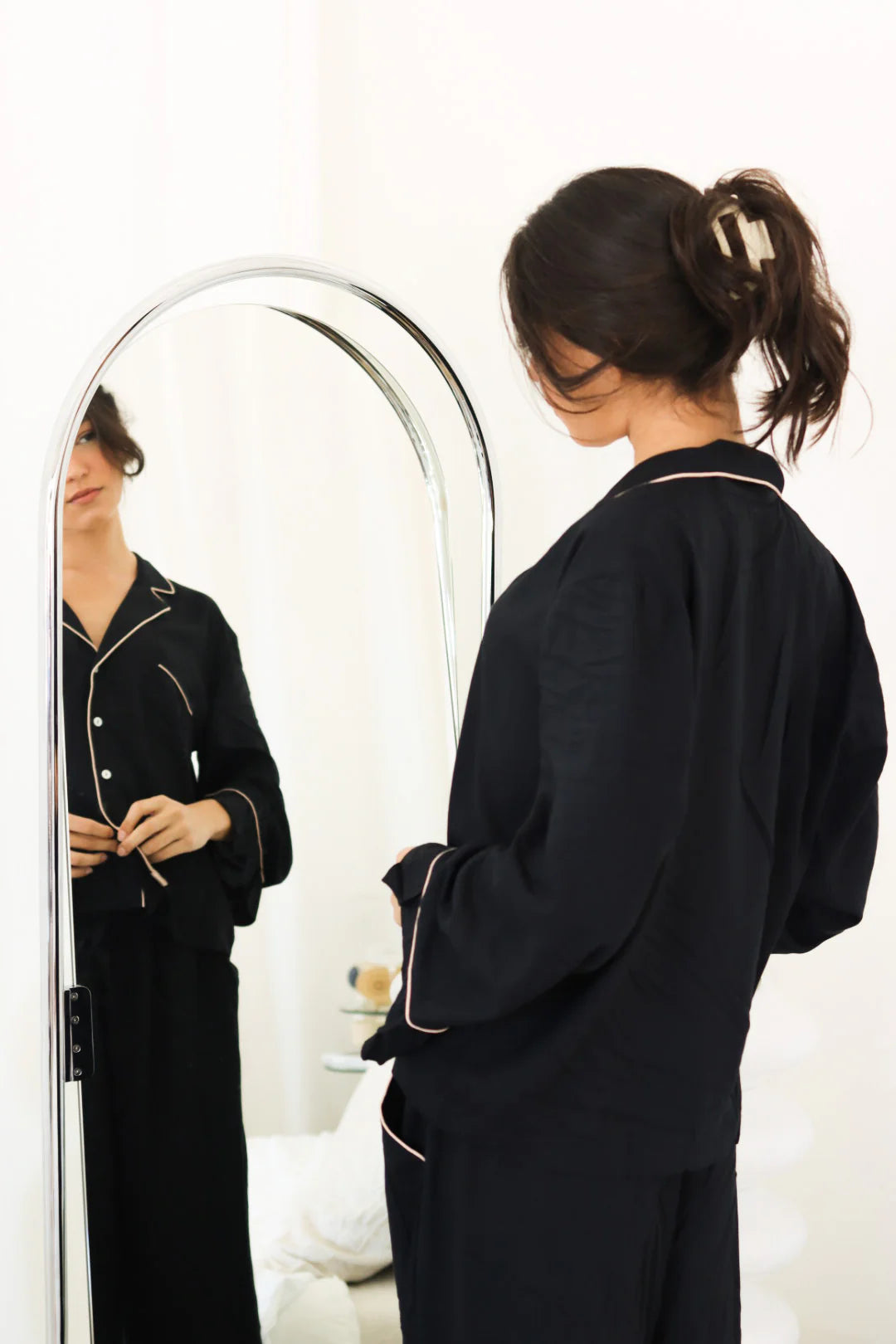 Loungewear Set Frill Cuff Black Solid Rayon.
