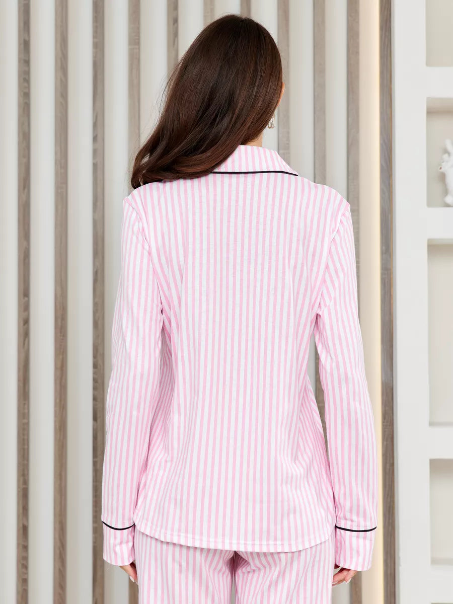 Loungewear Set Pink Striped with Contrast Piping.