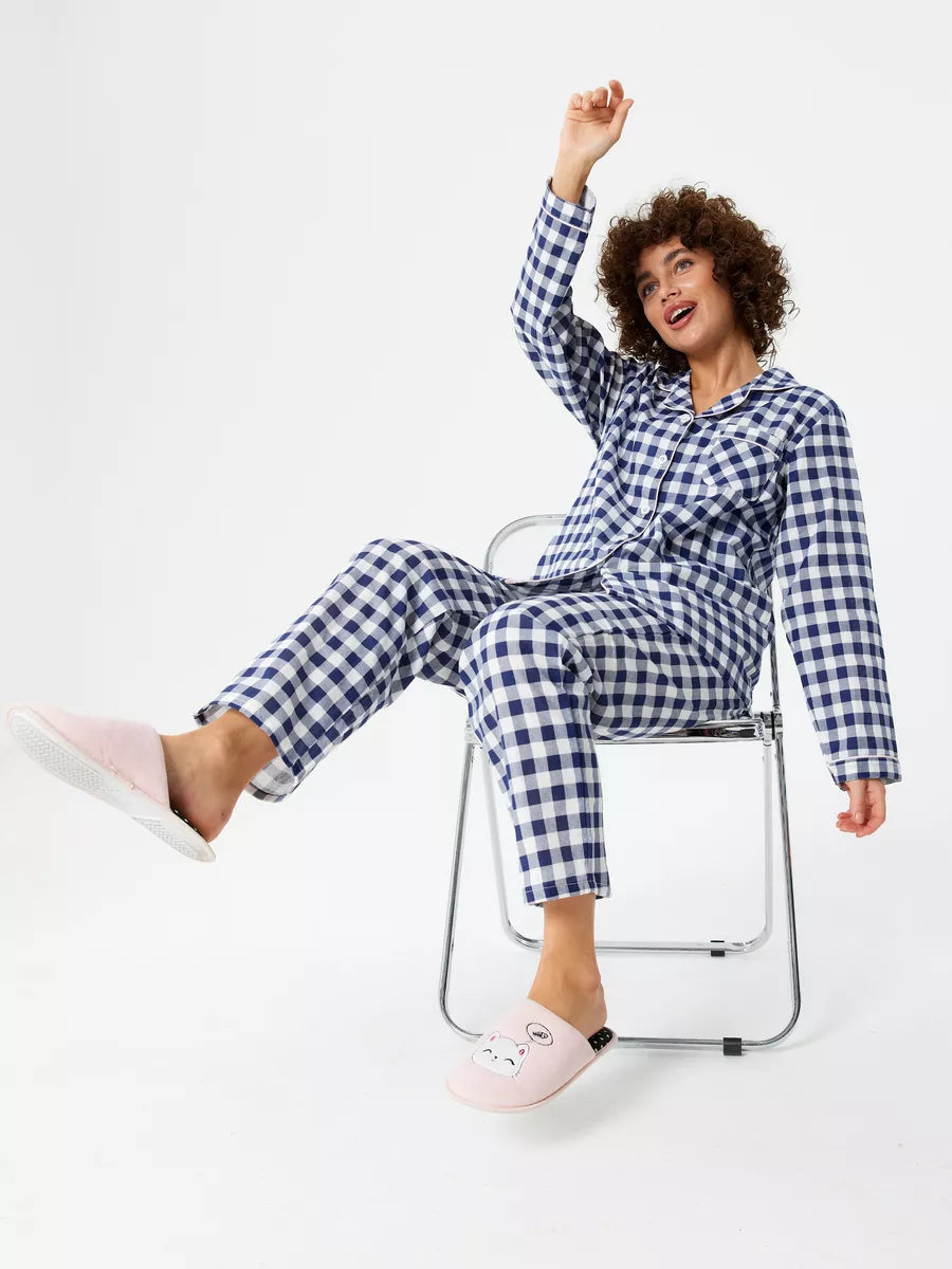 Loungewear Set Blue Checkered 100% Cotton.