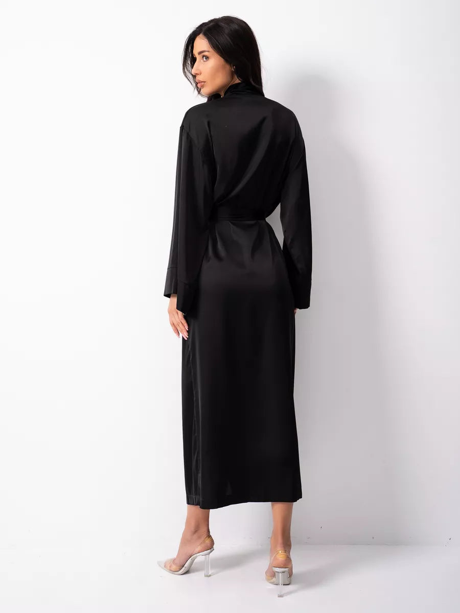 Long Satin Robe in Black.