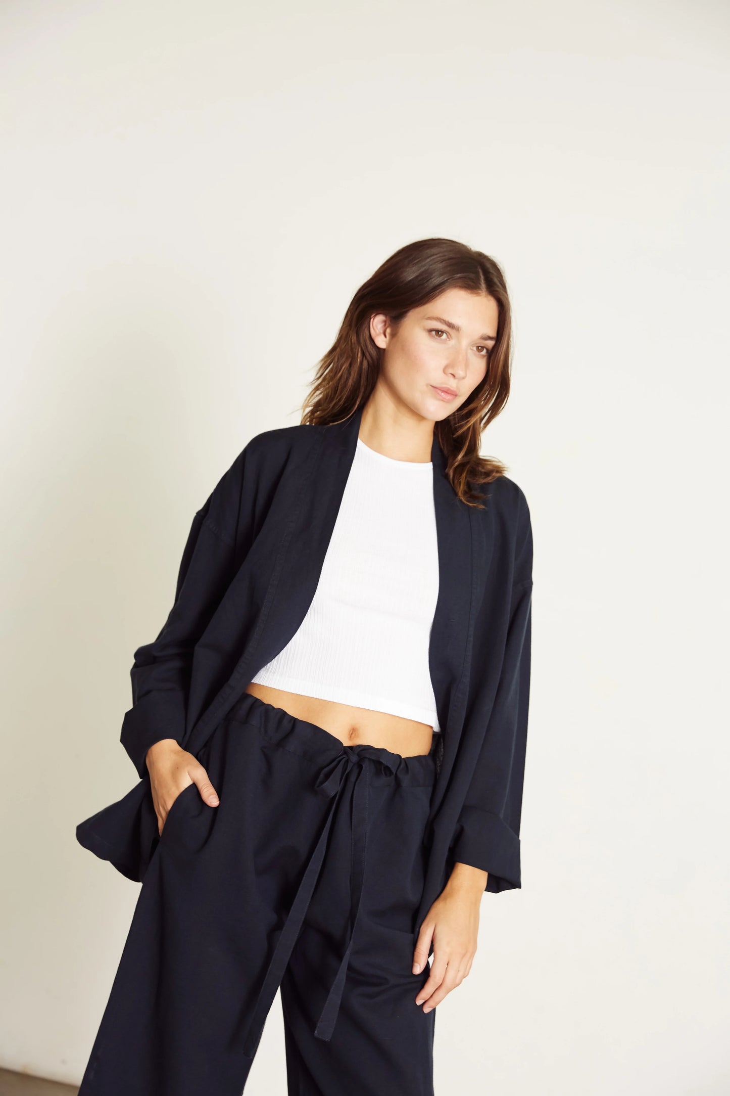 Linen Wrap Set with Pallazo in Navy Blue.