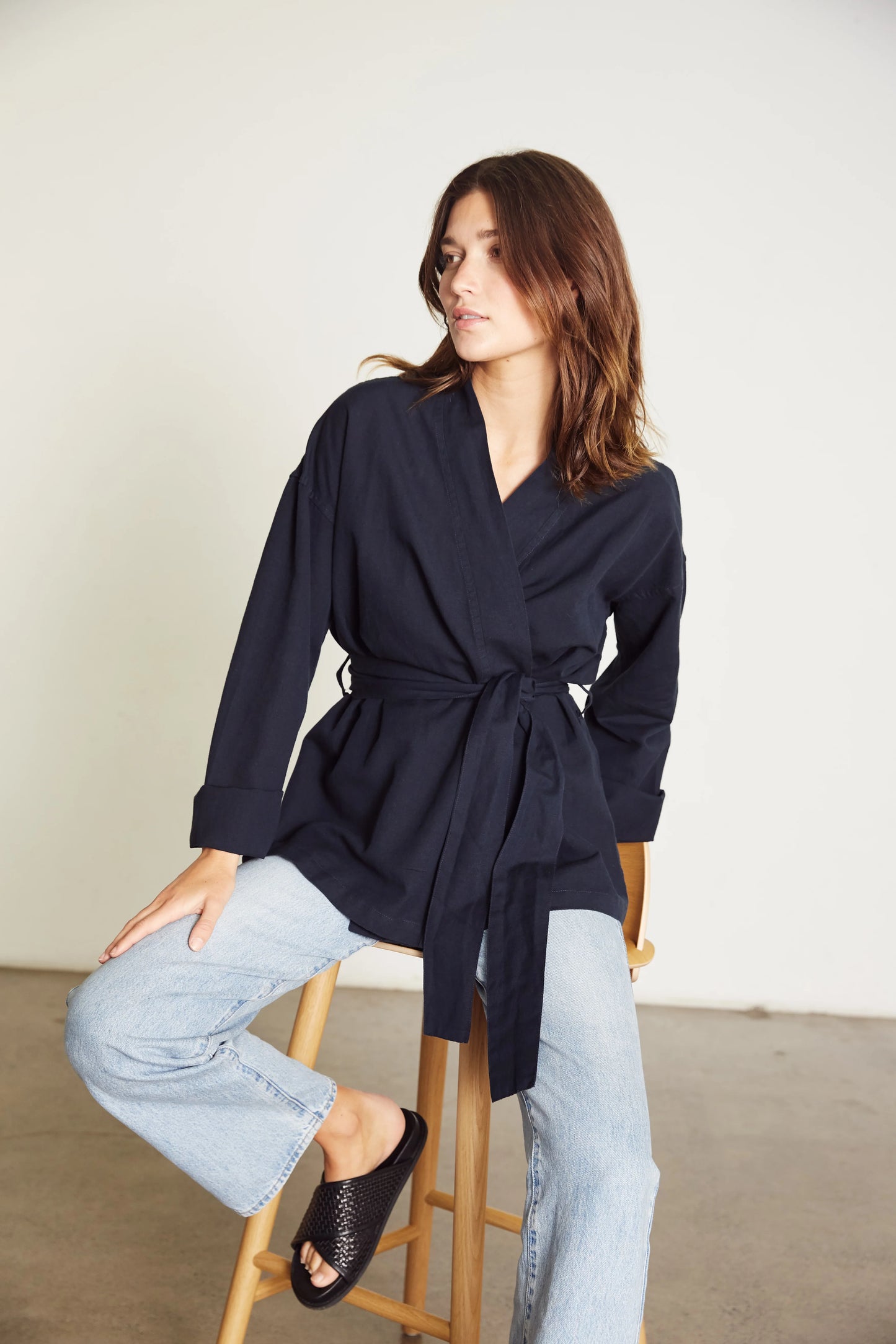 Linen Wrap Set with Pallazo in Navy Blue.