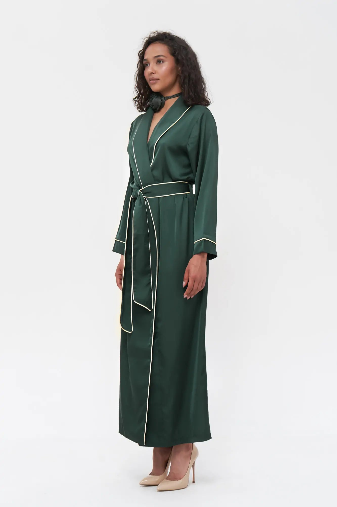 Long Satin Robe with Contrast Piping.