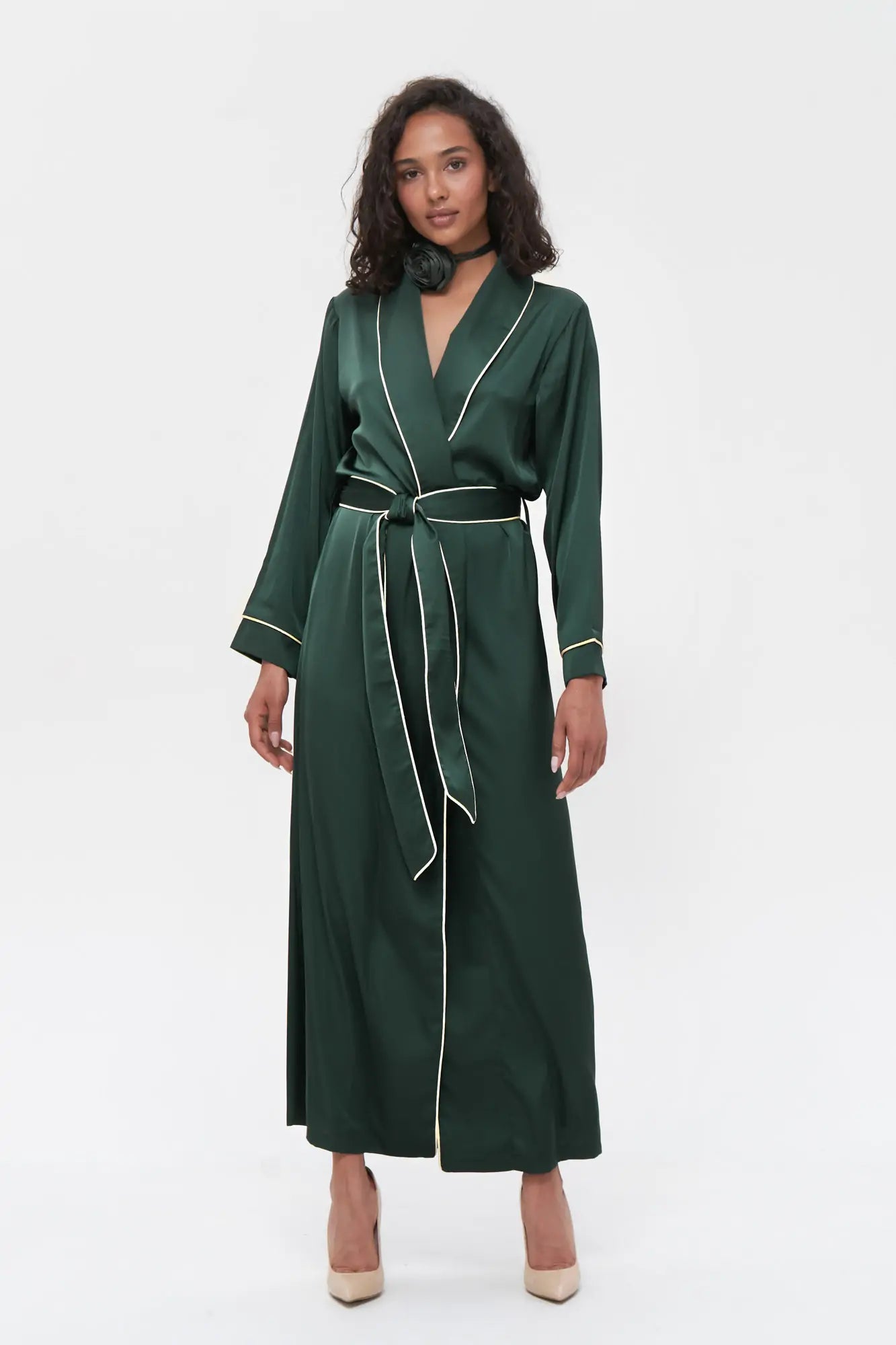 Long Satin Robe with Contrast Piping.