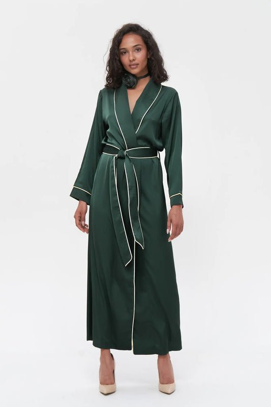 Long Satin Robe with Contrast Piping.