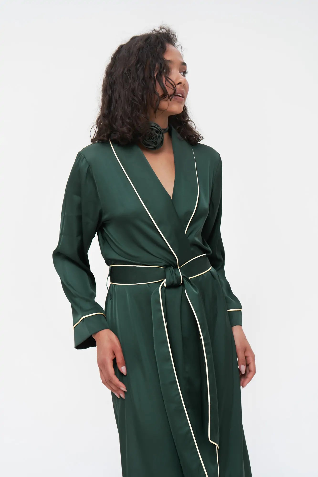 Long Satin Robe with Contrast Piping.