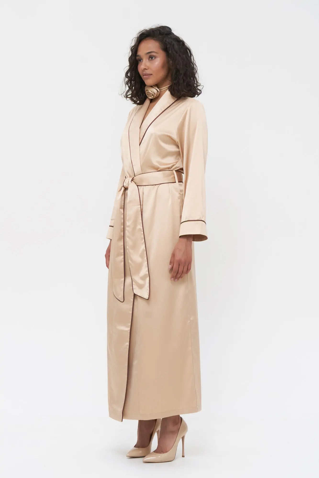 Long Satin Robe with Contrast Piping.