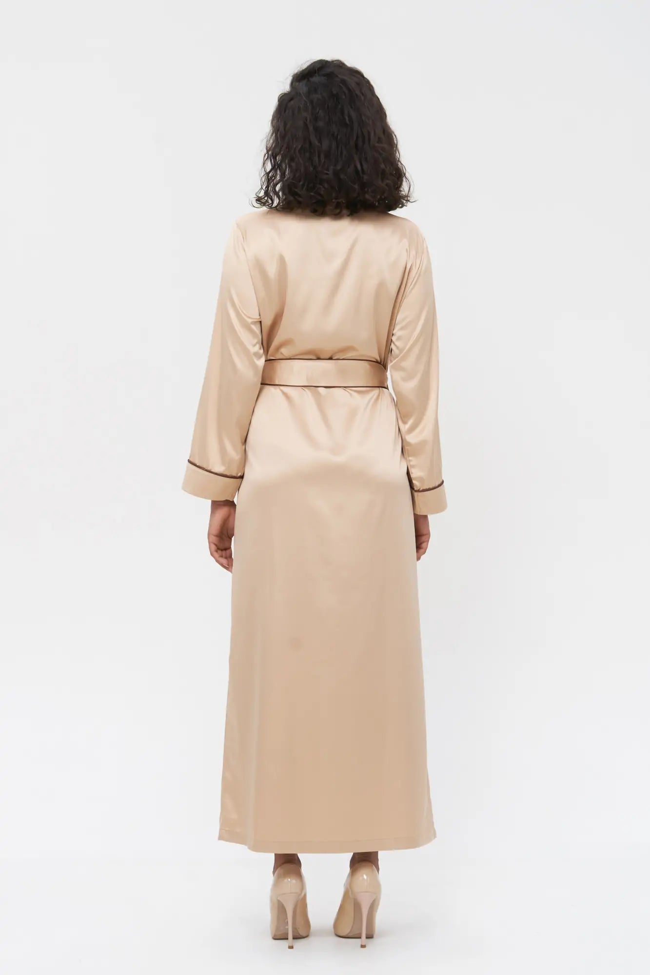 Long Satin Robe with Contrast Piping.