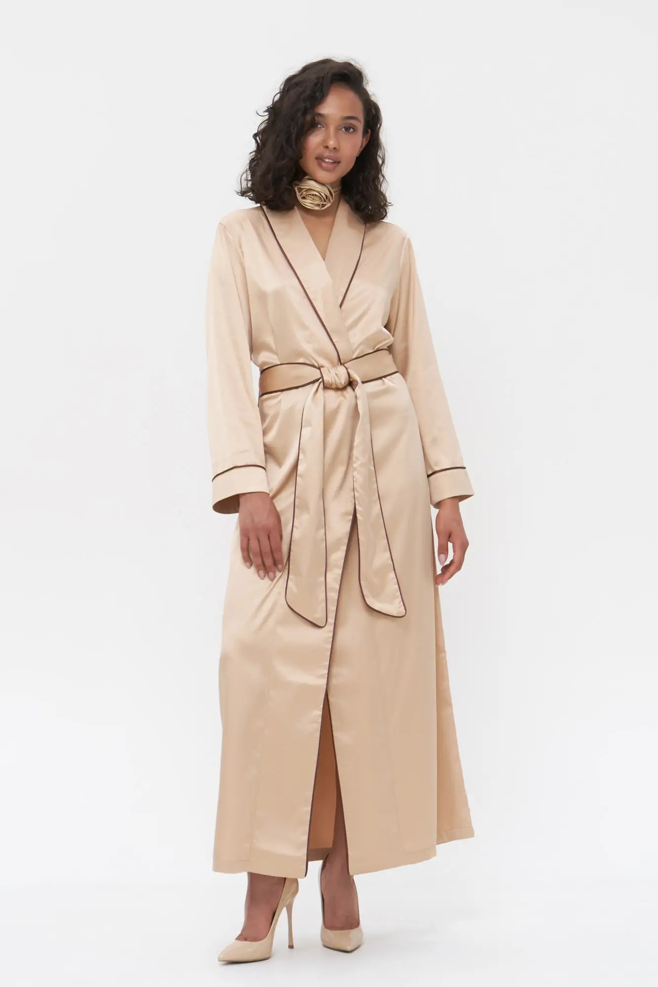 Long Satin Robe with Contrast Piping.