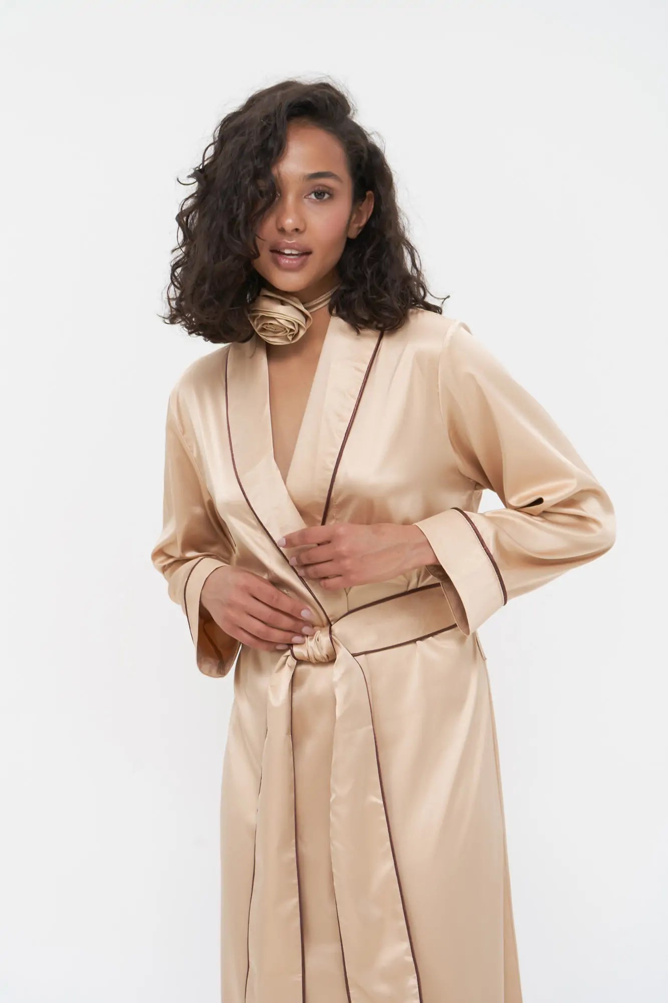 Long Satin Robe with Contrast Piping.