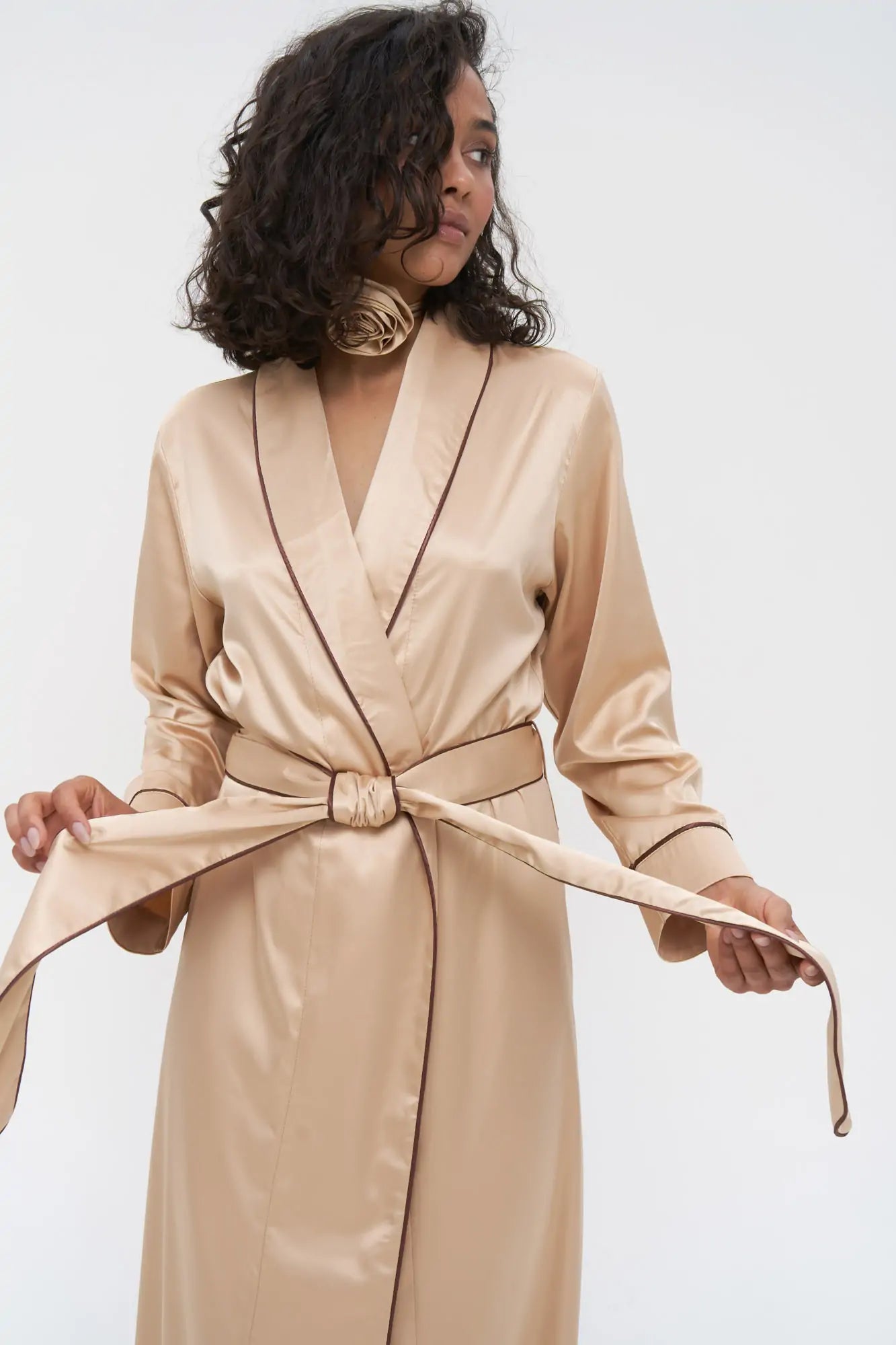 Long Satin Robe with Contrast Piping.