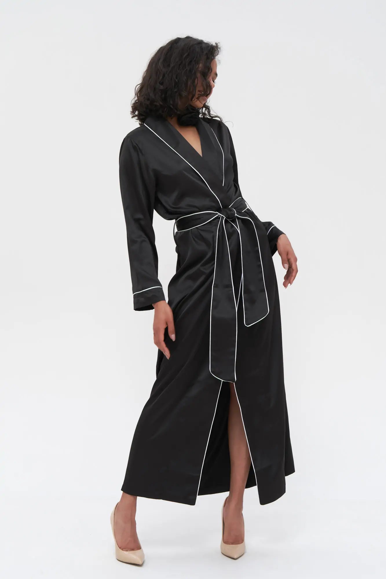 Long Satin Robe with Contrast Piping.
