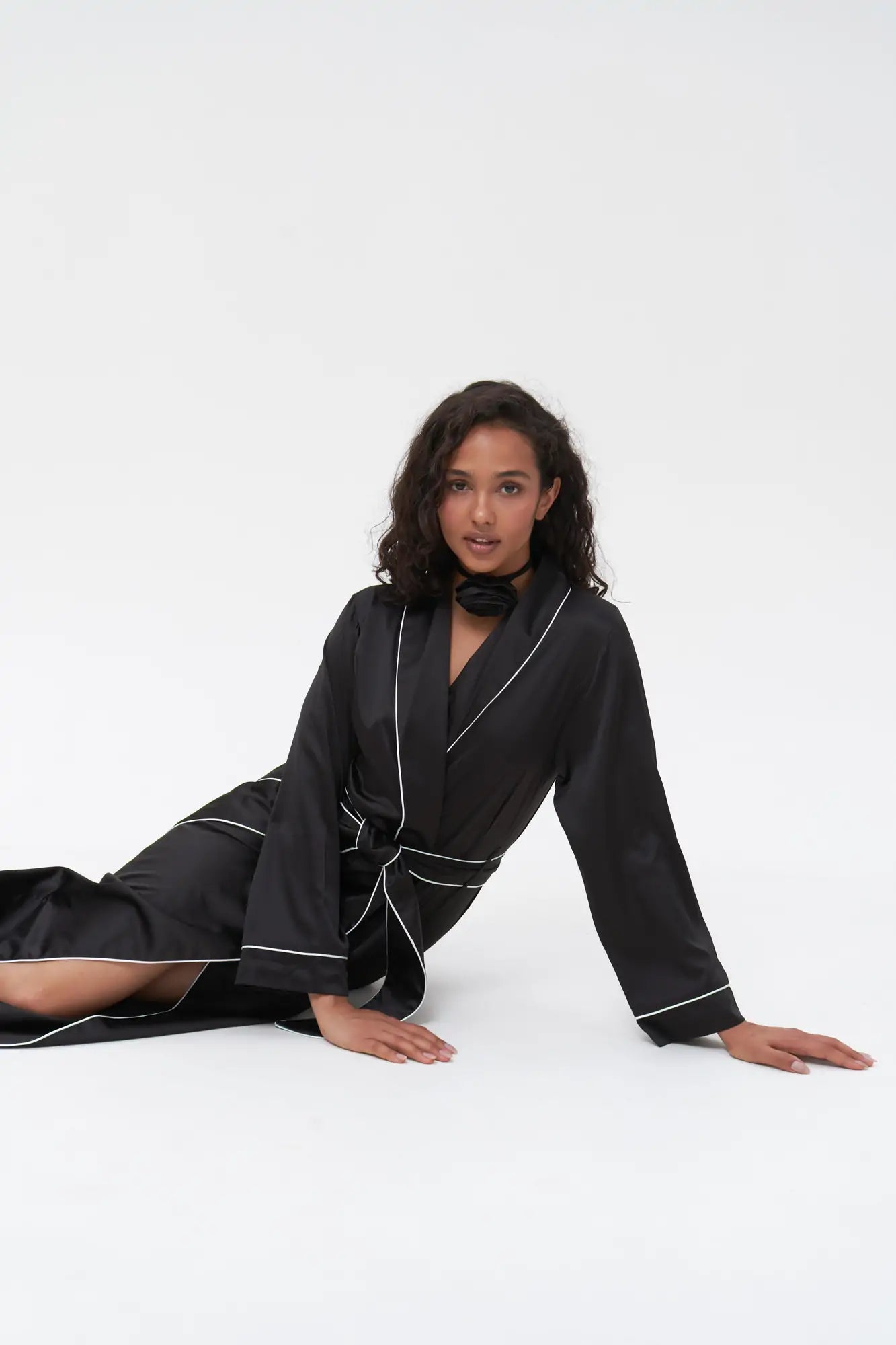 Long Satin Robe with Contrast Piping.