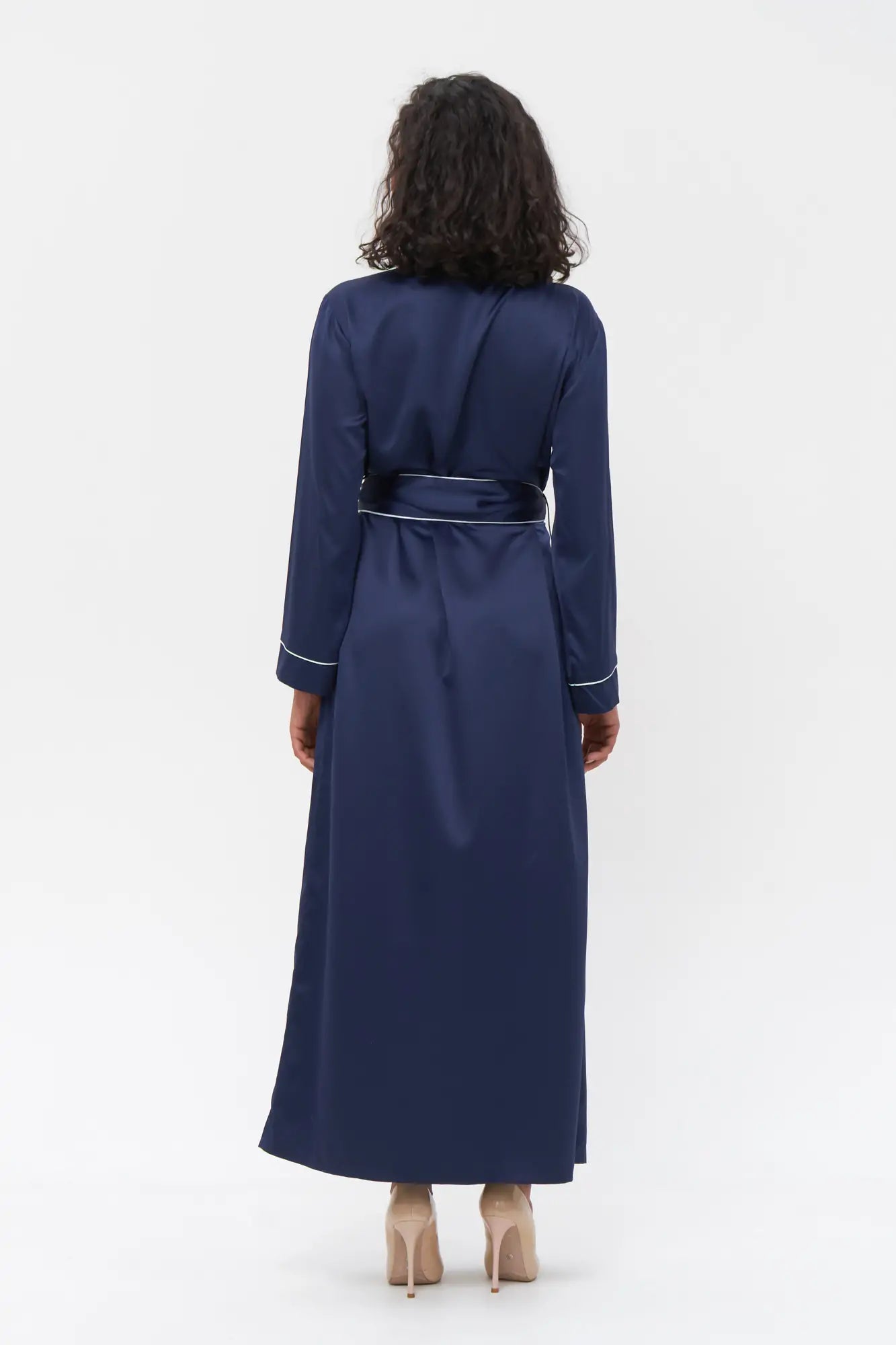 Long Satin Robe with Contrast Piping.