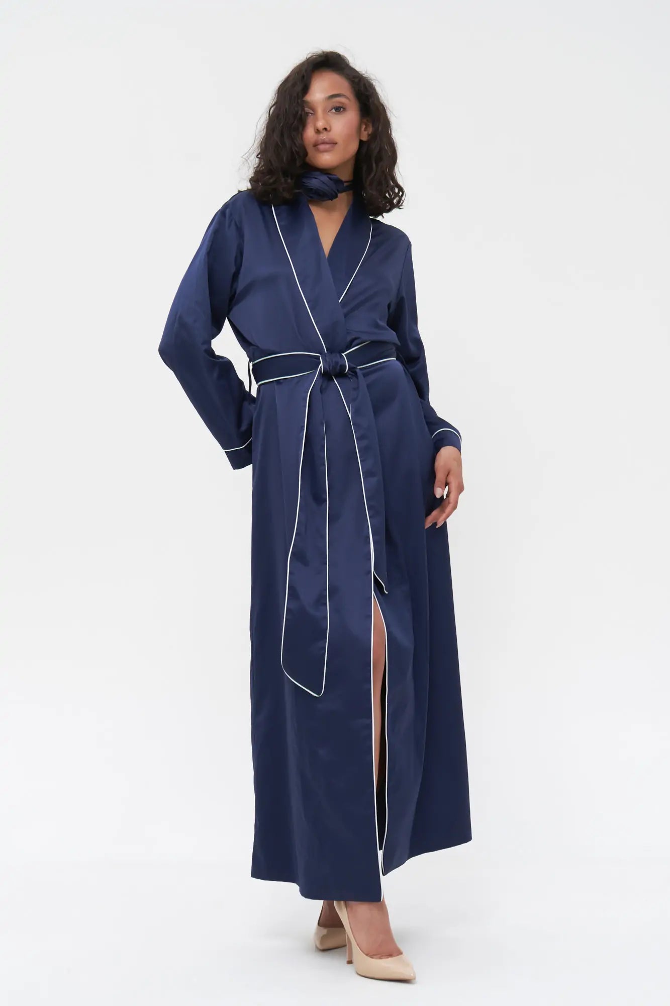 Long Satin Robe with Contrast Piping.