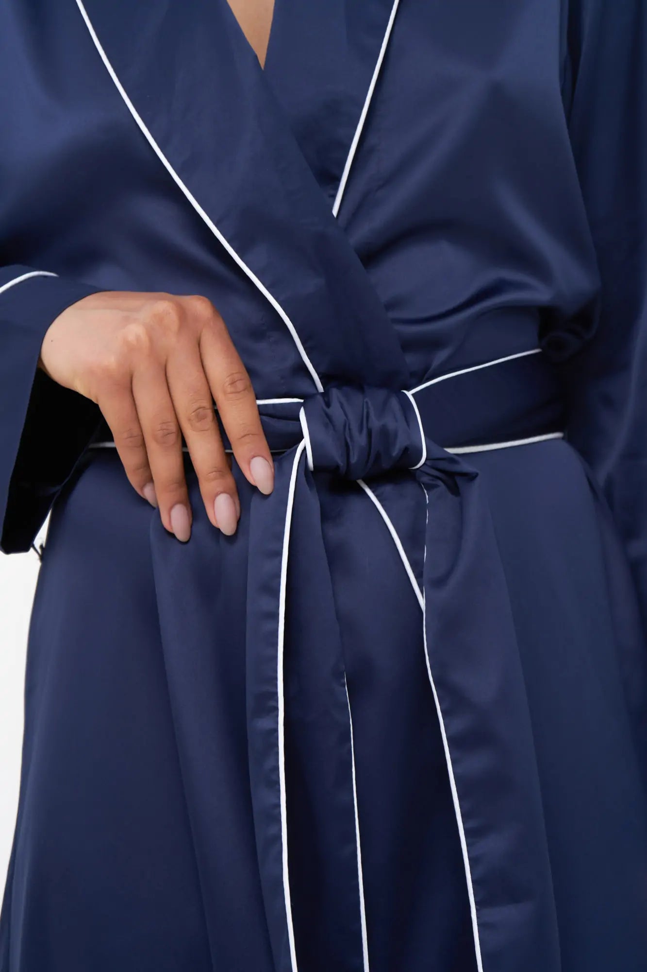 Long Satin Robe with Contrast Piping.