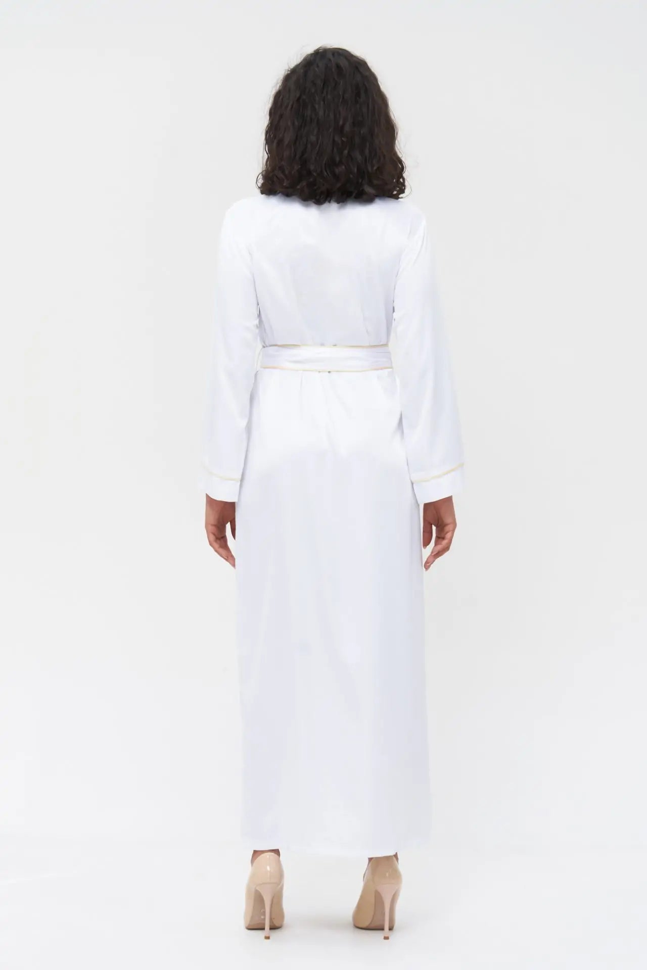 Long Satin Robe with Contrast Piping.
