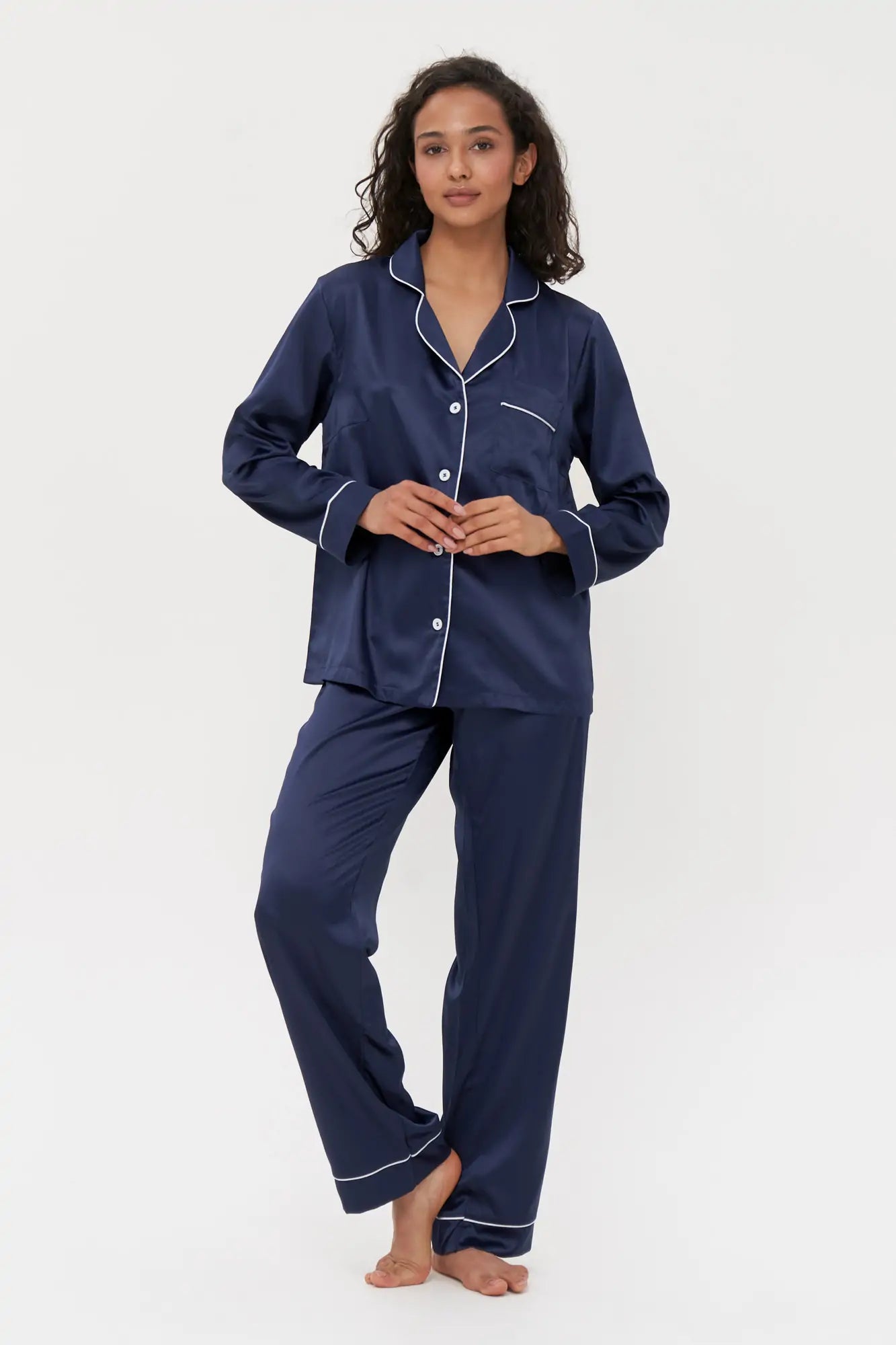 Satin Pajama Set with Contrast Piping.
