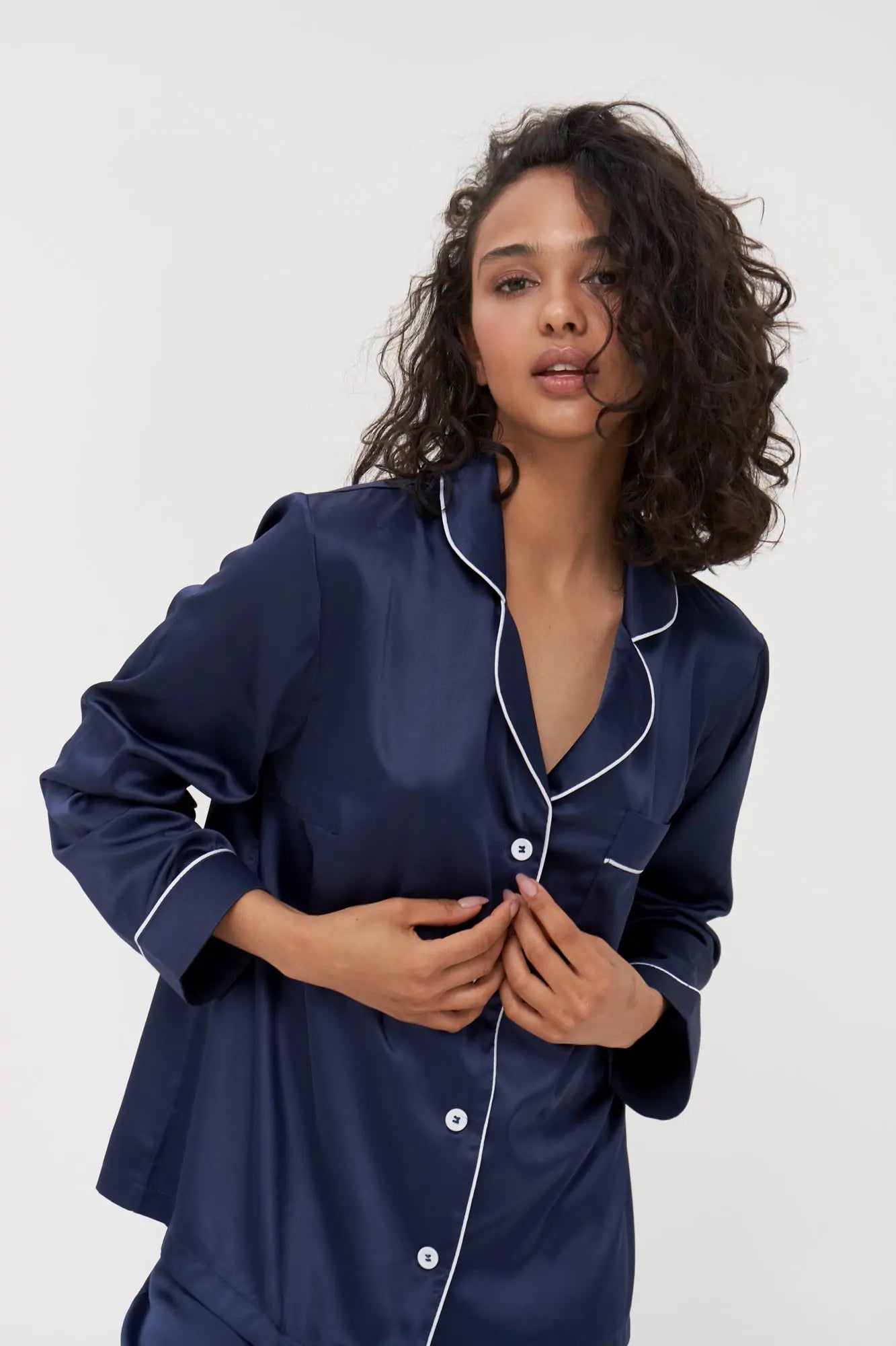 Satin Pajama Set with Contrast Piping.