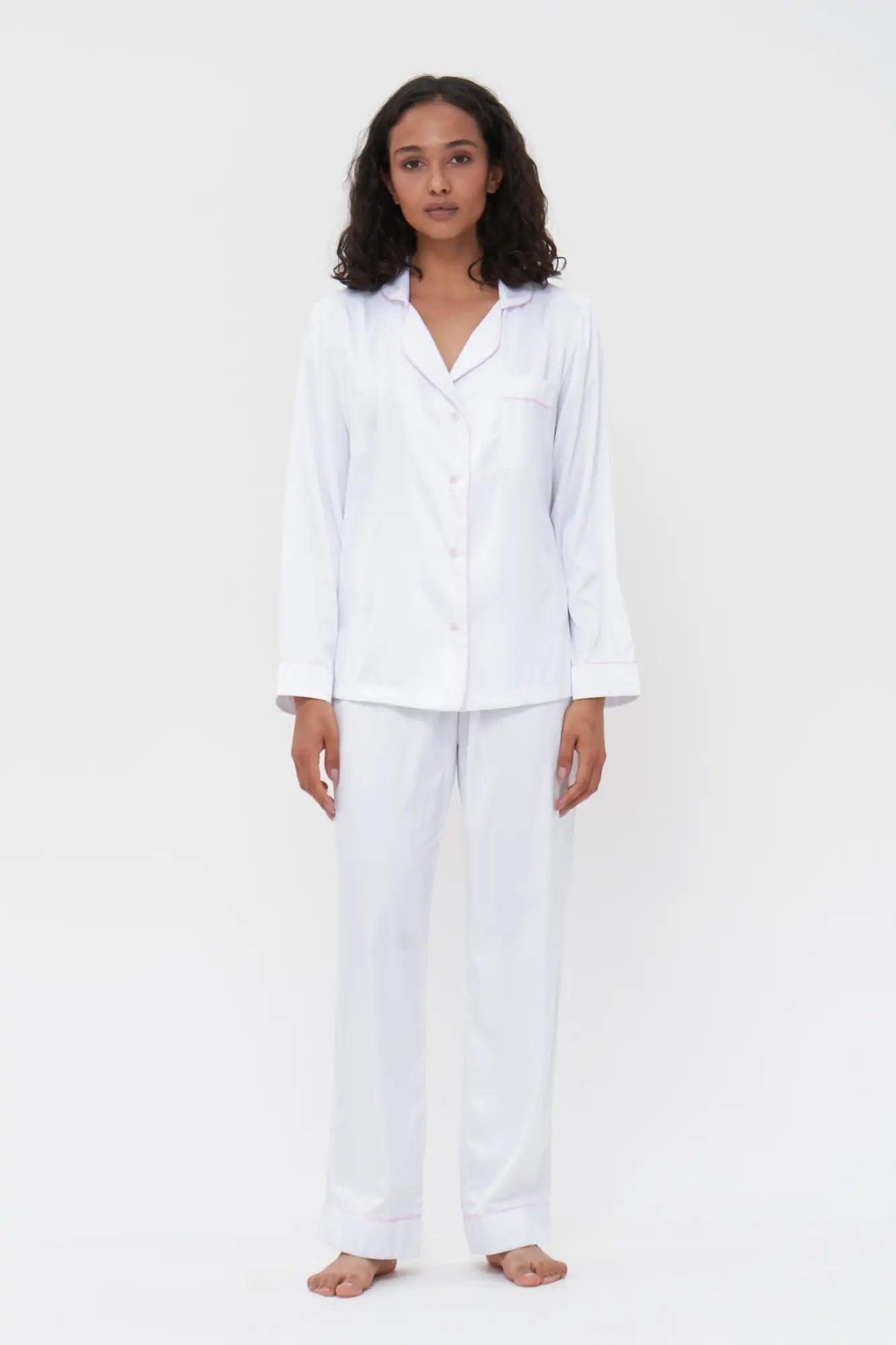 Satin Pajama Set with Contrast Piping.