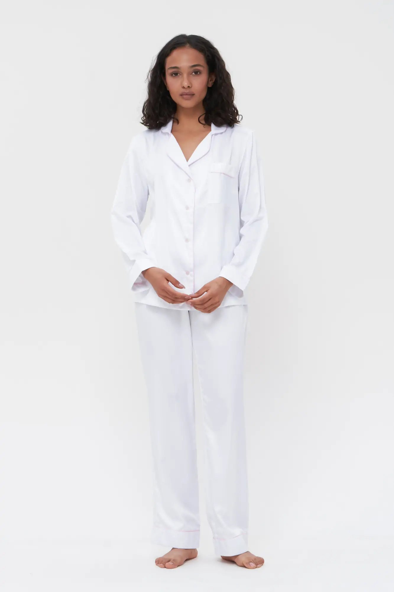Satin Pajama Set with Contrast Piping.