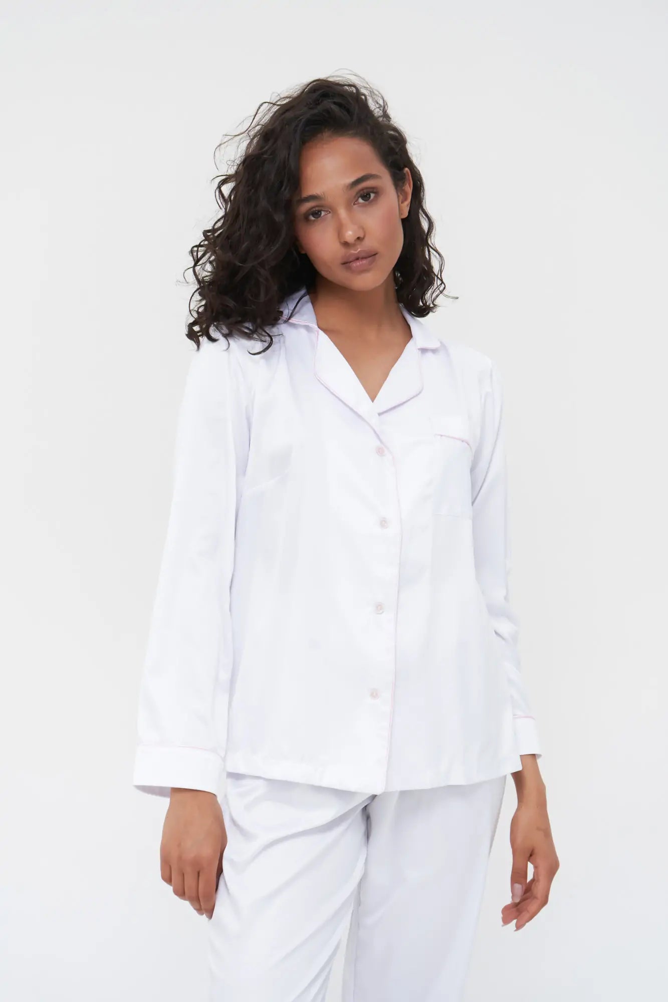 Satin Pajama Set with Contrast Piping.