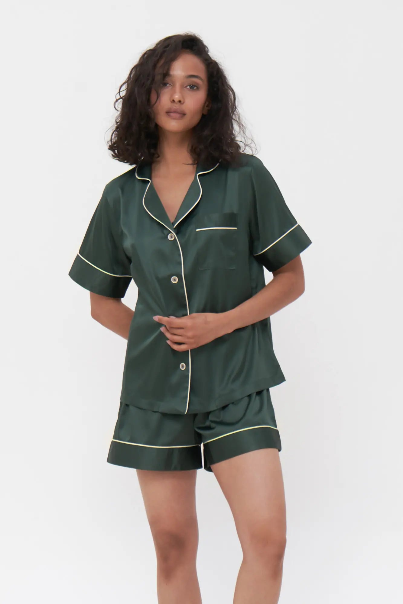 Shorts Set with Contrast Piping - Bella Babe by SK Nightsuit Nightdress Robes Silk Satin Nighty Gown Nightwear
