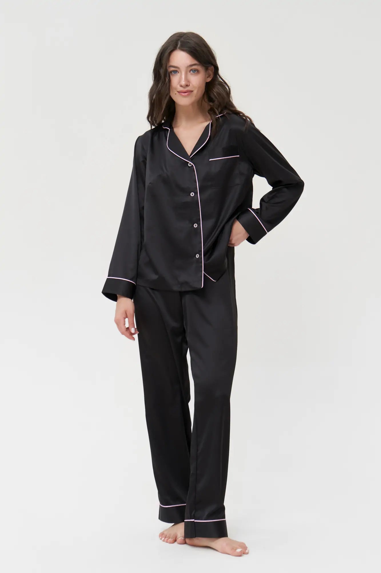 Satin Pajama Set with Contrast Piping.