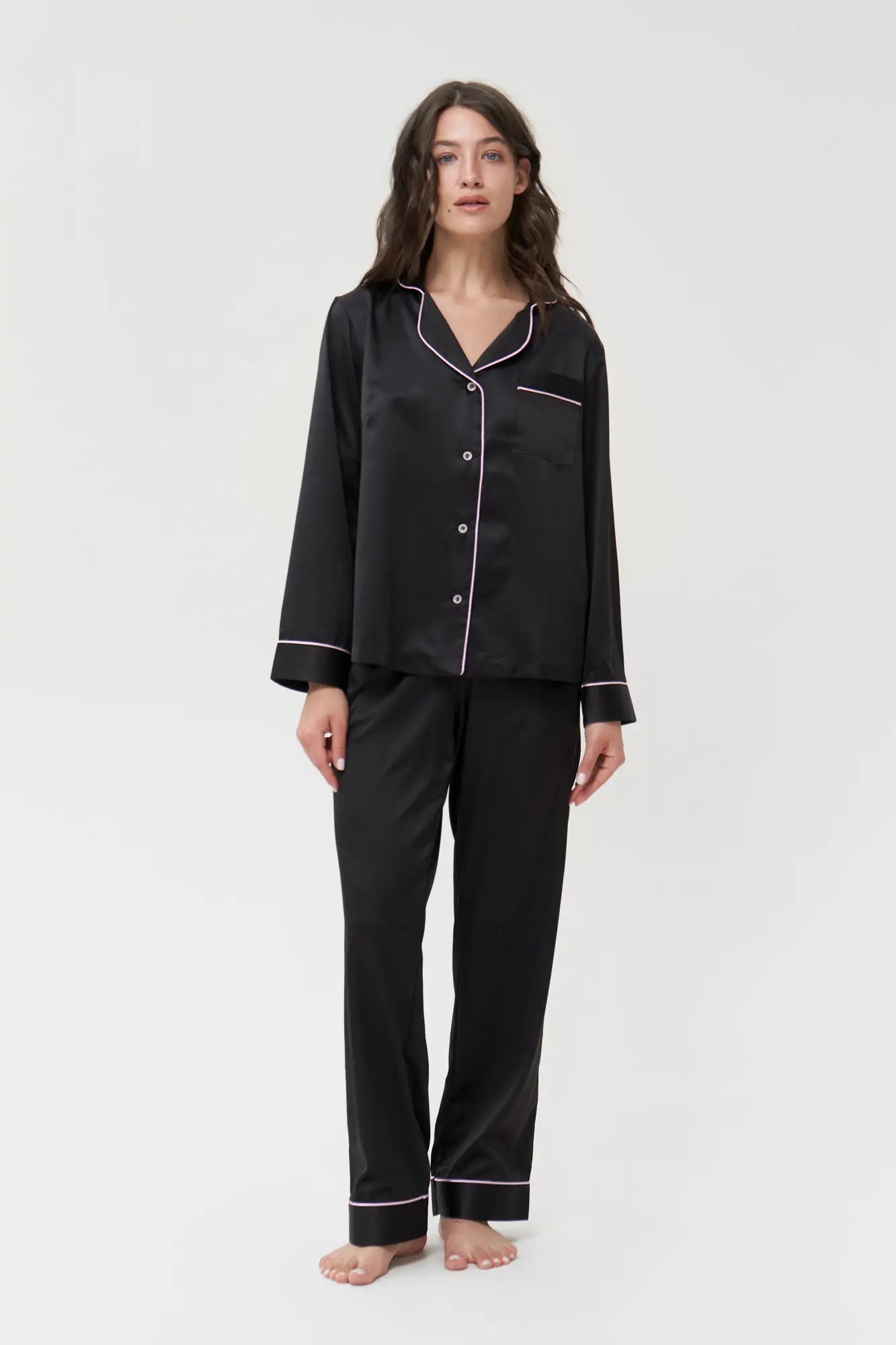 Satin Pajama Set with Contrast Piping.