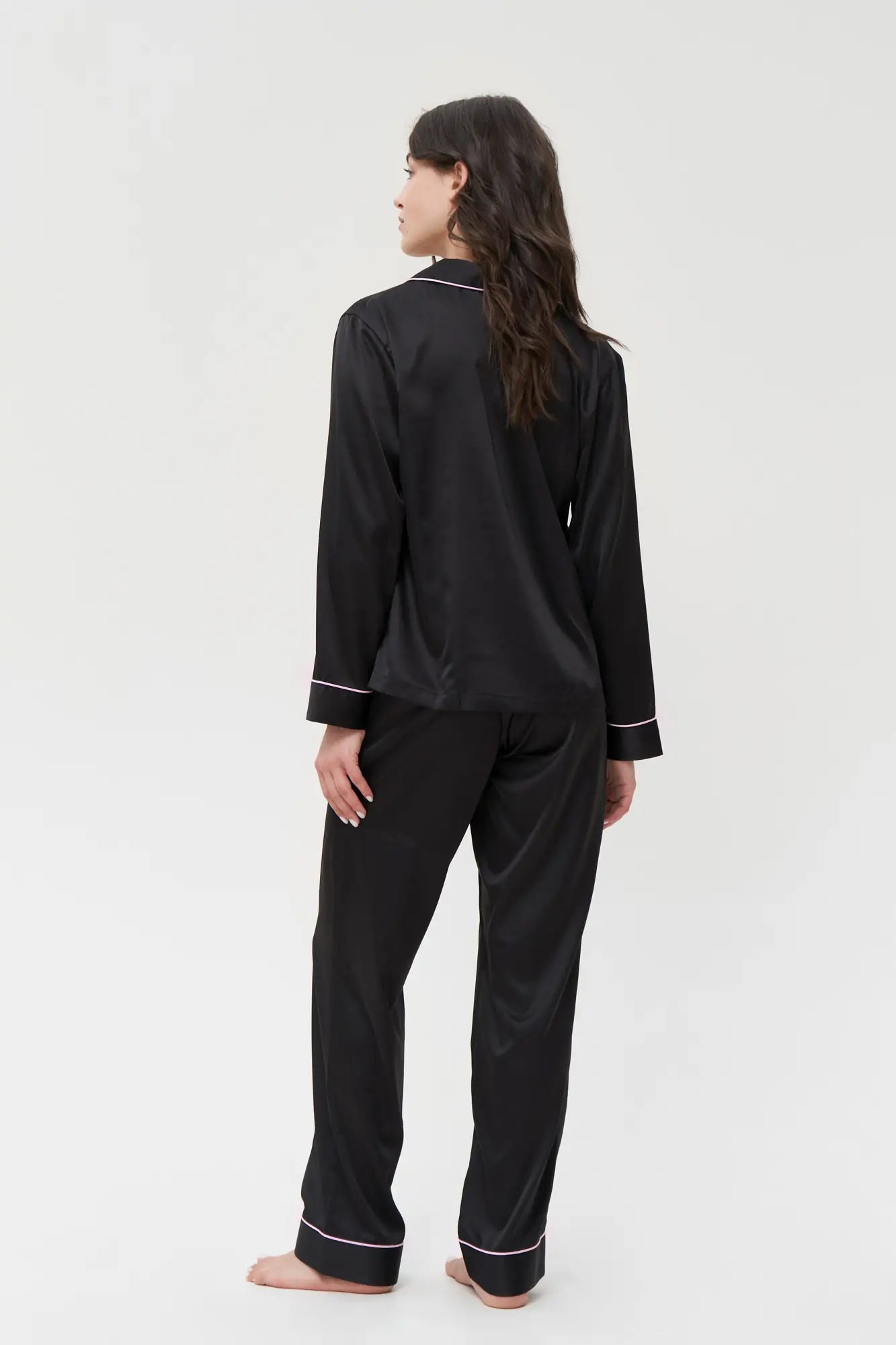 Satin Pajama Set with Contrast Piping.