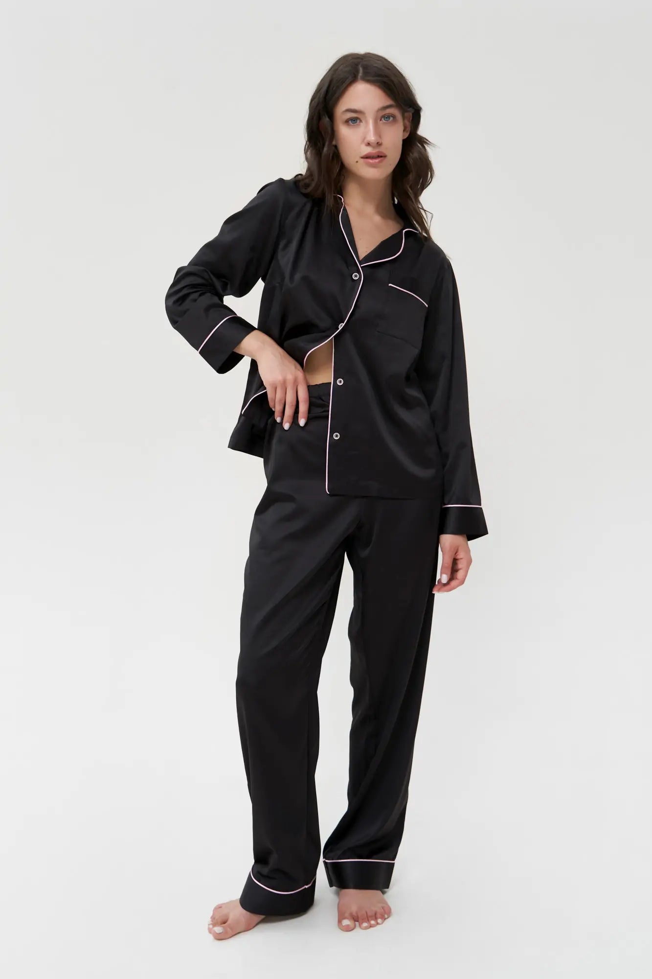 Satin Pajama Set with Contrast Piping.