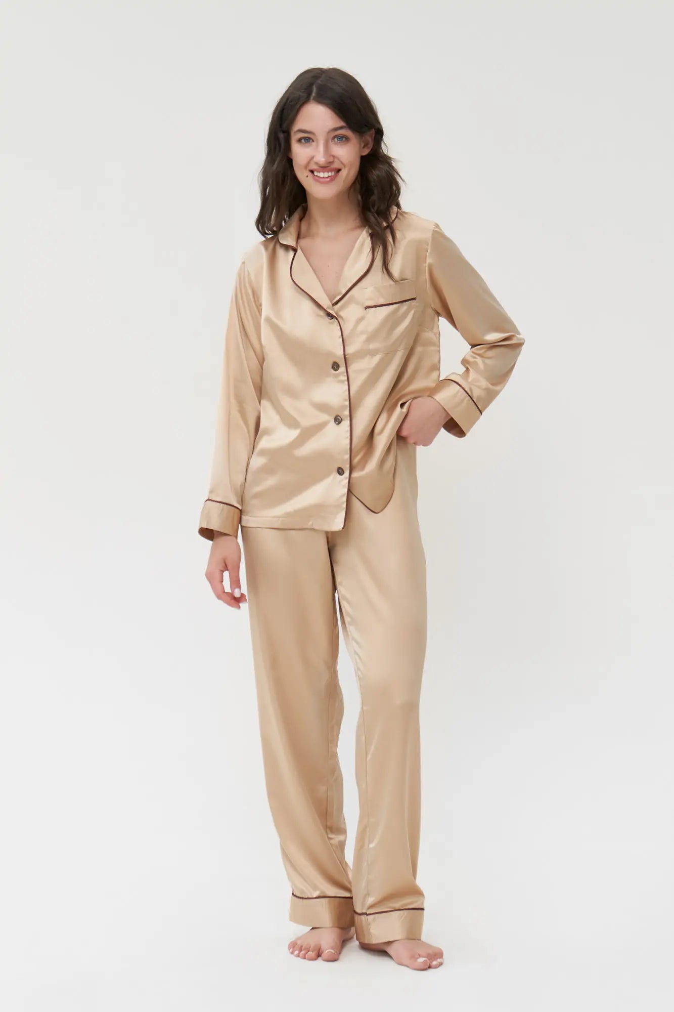 Satin Pajama Set with Contrast Piping.