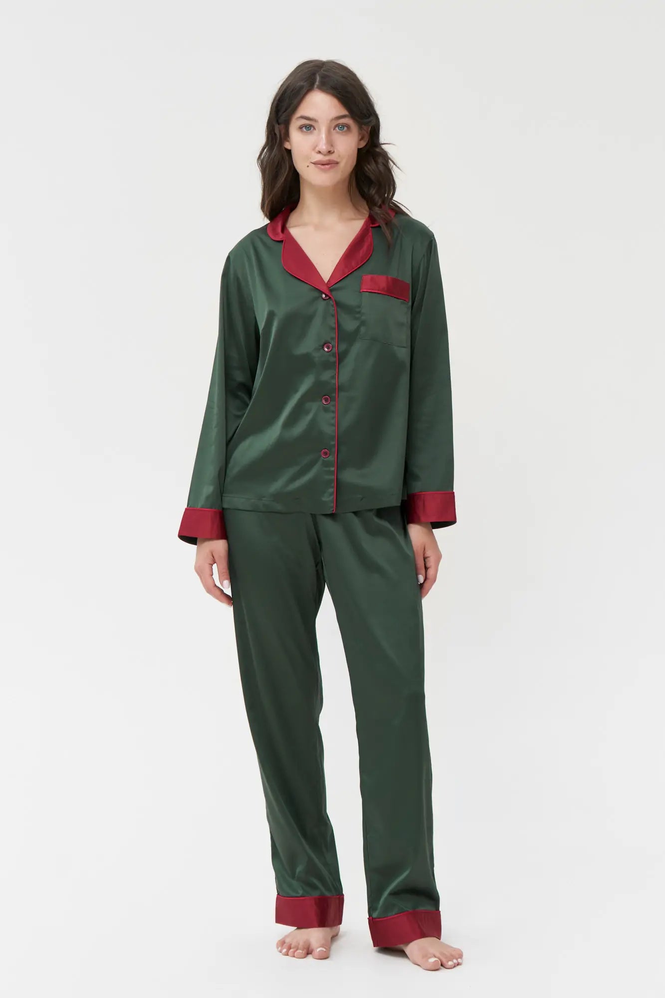 Satin Pajama Set with Contrast Piping.