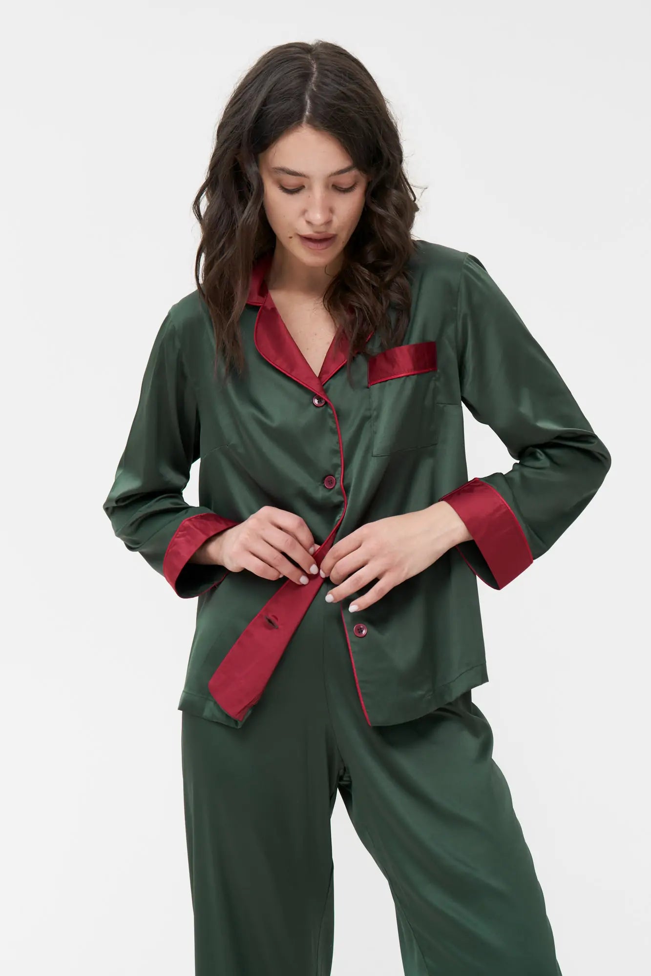 Satin Pajama Set with Contrast Piping.