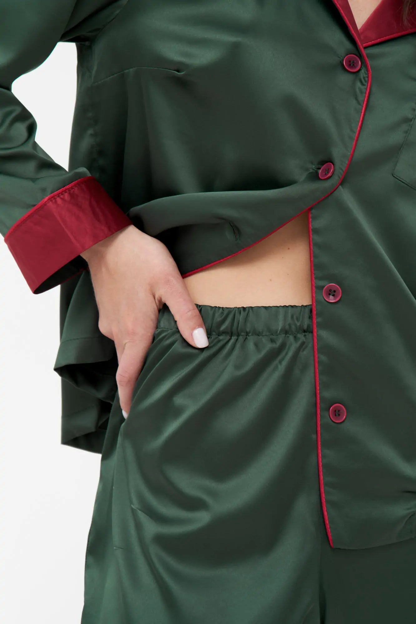 Satin Pajama Set with Contrast Piping.