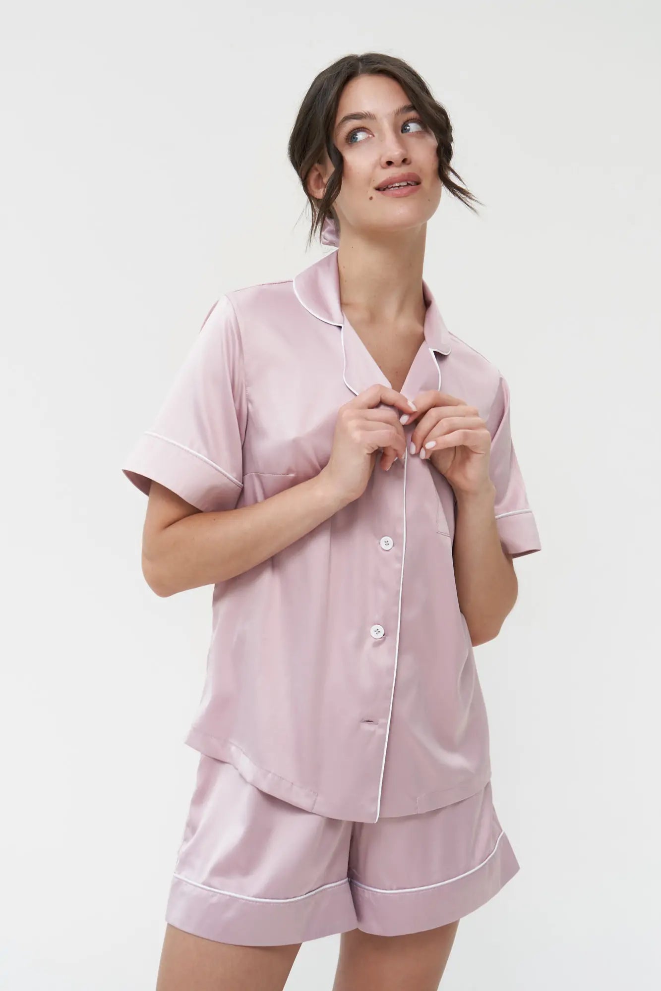 Shorts Set with Contrast Piping - Bella Babe by SK Nightsuit Nightdress Robes Silk Satin Nighty Gown Nightwear
