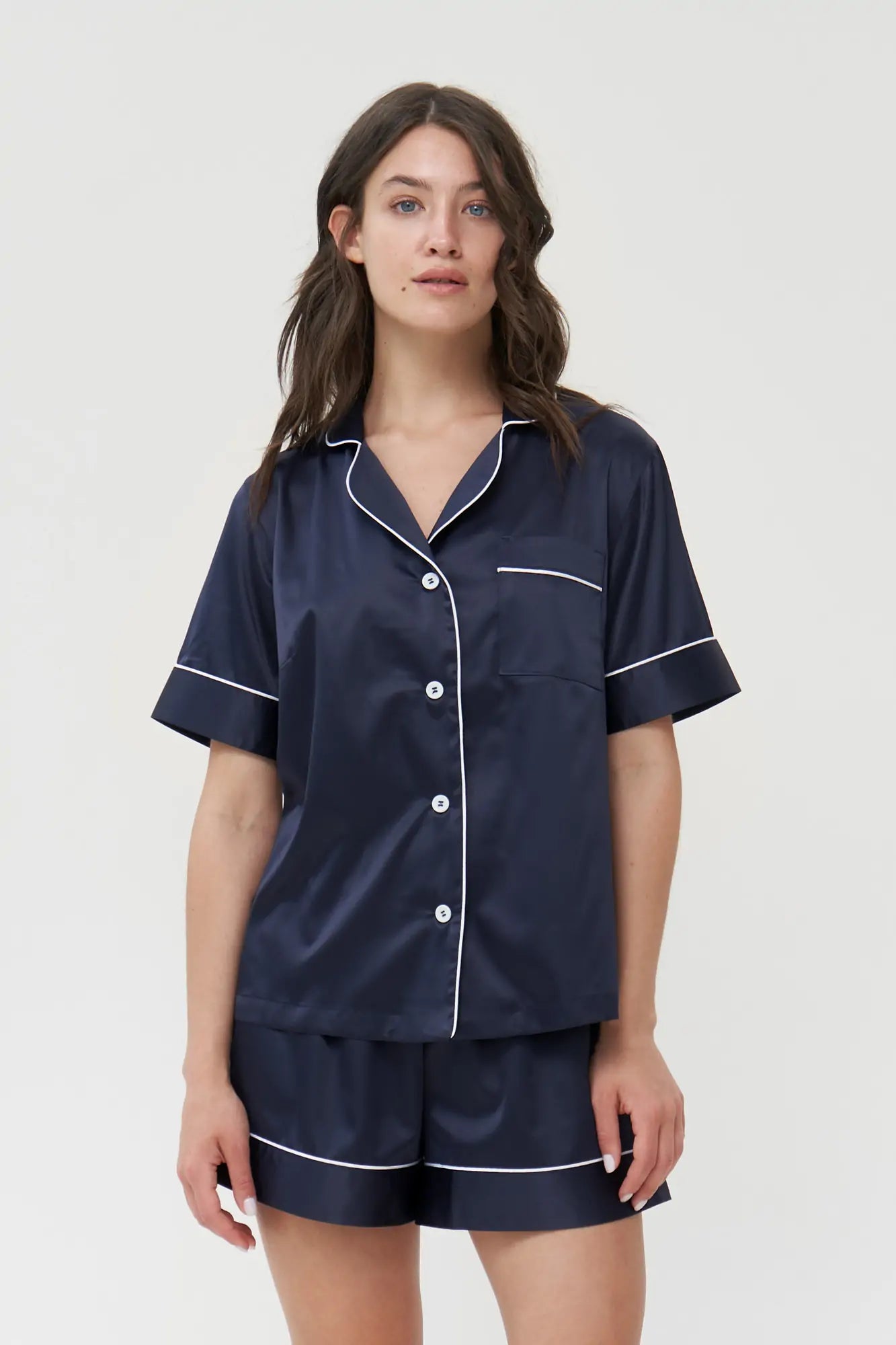 Shorts Set with Contrast Piping - Bella Babe by SK Nightsuit Nightdress Robes Silk Satin Nighty Gown Nightwear