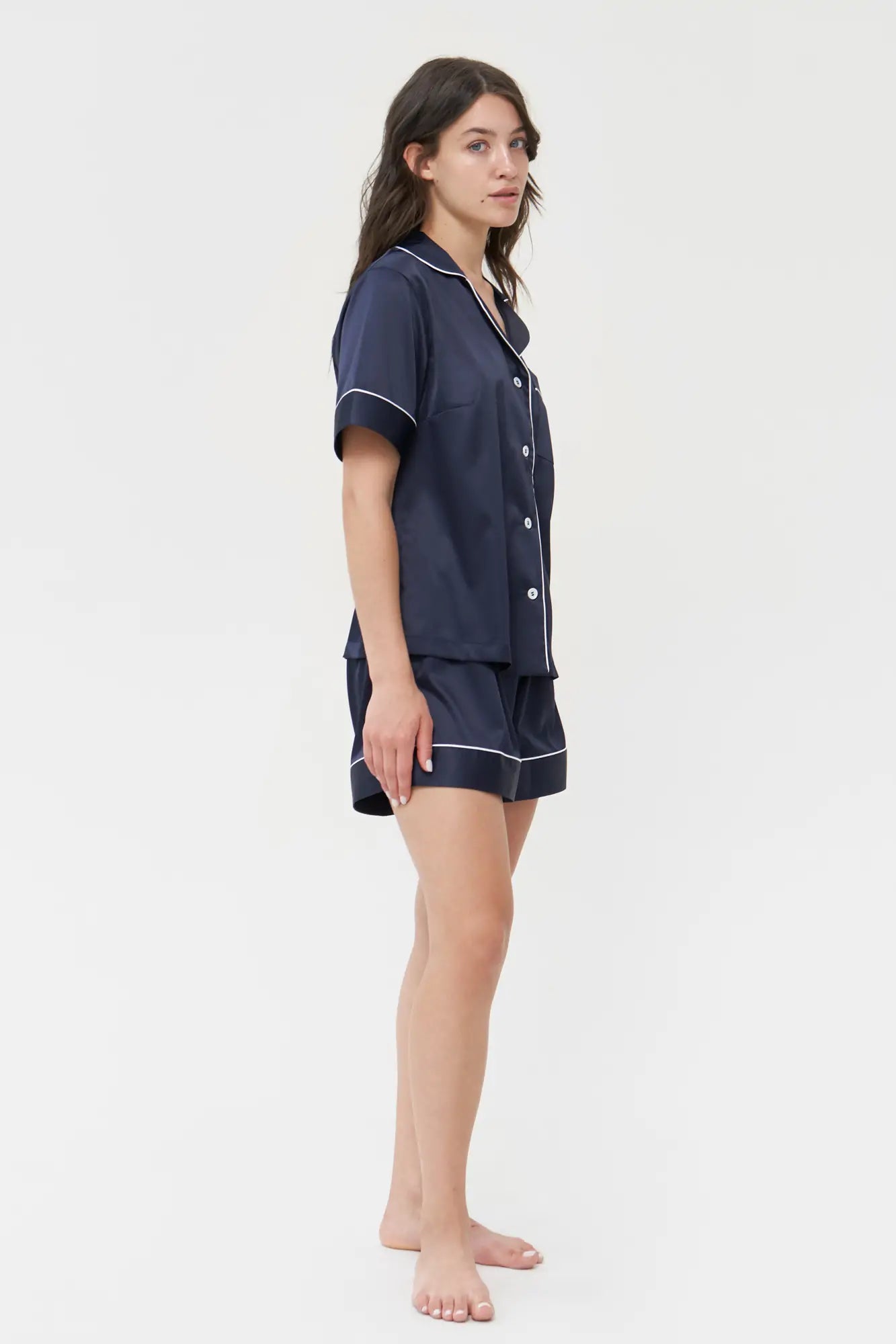 Shorts Set with Contrast Piping - Bella Babe by SK Nightsuit Nightdress Robes Silk Satin Nighty Gown Nightwear
