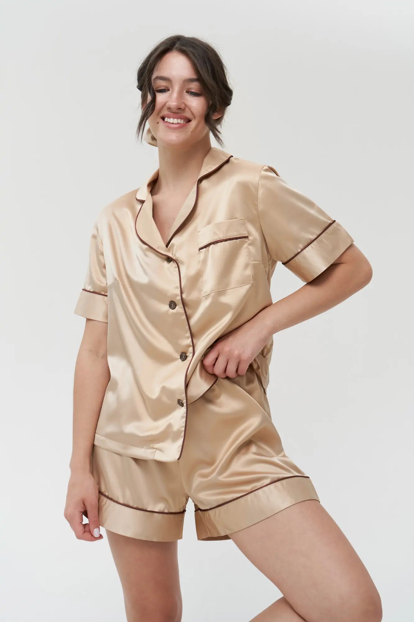 Shorts Set with Contrast Piping - Bella Babe by SK Nightsuit Nightdress Robes Silk Satin Nighty Gown Nightwear