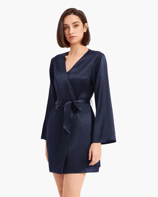 Premium Robe Set (Navy) - Bella Babe by SK Nightsuit Nightdress Robes Silk Satin Nighty Gown Nightwear
