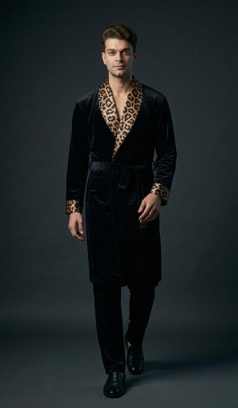 Noir Men's Velvet Dressing Gown, Satin Shawl Collar Luxury Robe